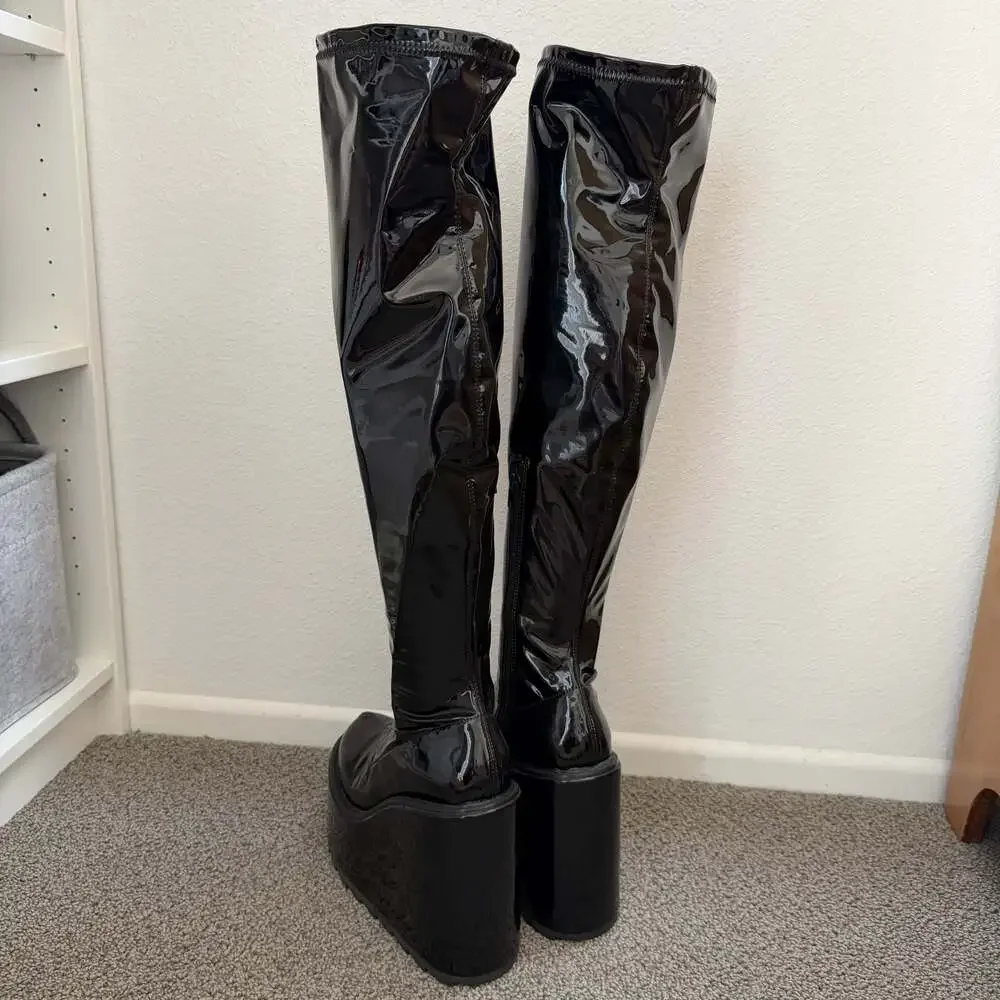 YRU Hades Platform Wedge Over The Knee Thigh High Boots in Black Patent - Size 9